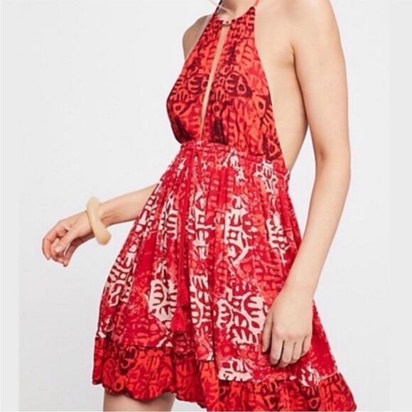 Free People Beach Day Halterneck Floral Print Mini Boho Dress XS pockets red hot